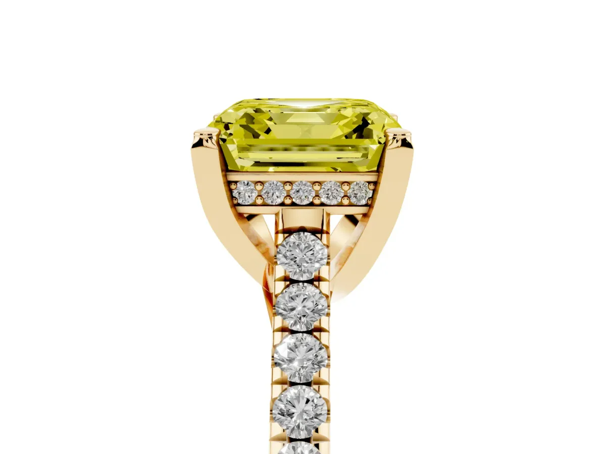 Fancy Yellow Asscher Cut Brilliant Diamond Solitaire with Pavé Band and Four-Prong Setting Yellow gold