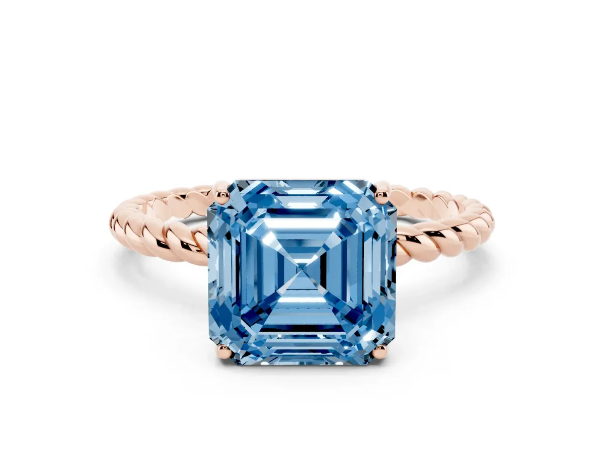 Fancy Blue Asscher Cut Solitaire Twist Band Ring with Four-Prong Setting Rose gold