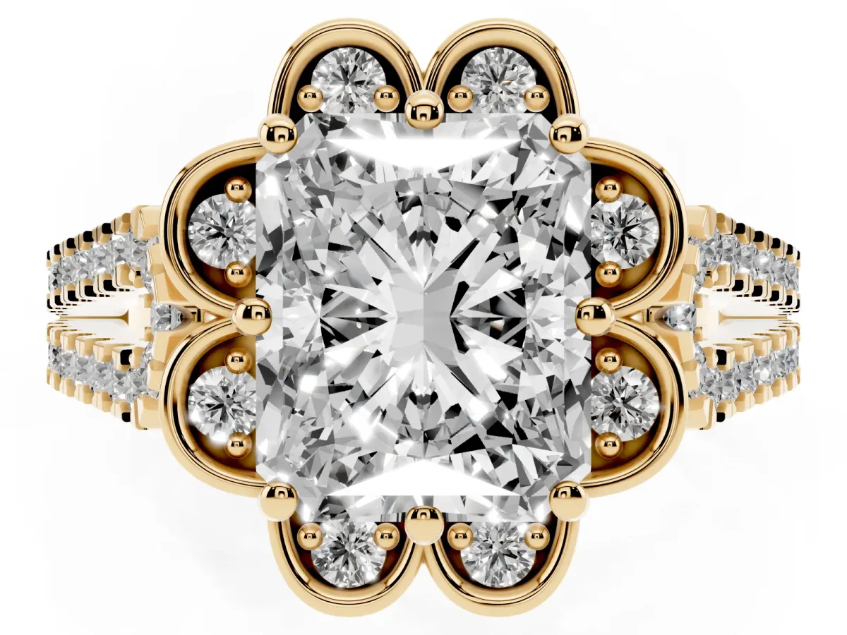 Radiant Cut Halo Diamond Floral Split Shank Engagement Ring Yellow gold