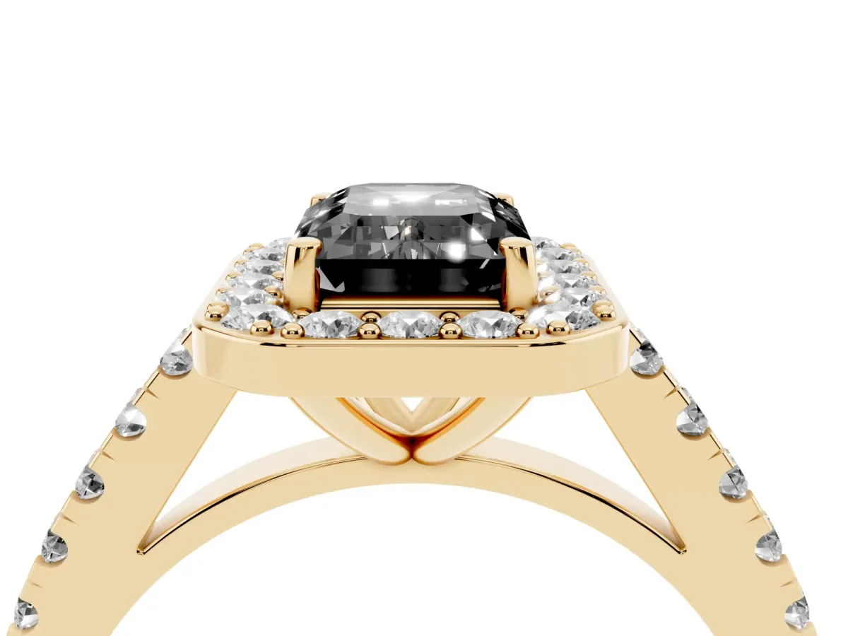 Fancy Black Emerald Cut Diamond Halo Ring with Round Pavé Split Shank and Prong Setting Yellow gold