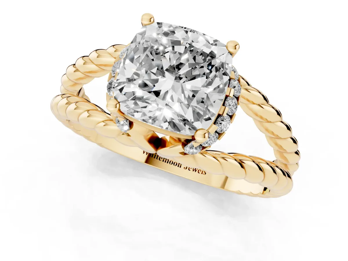 Cushion Cut Halo Twisted Band Four-Prong Ring Yellow gold