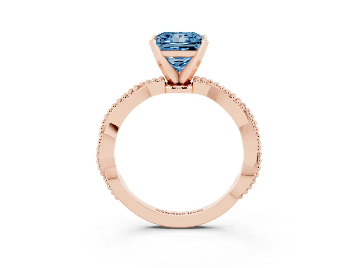 Fancy Blue Princess Cut Solitaire Twisted Band with Bead Prong Setting Rose gold