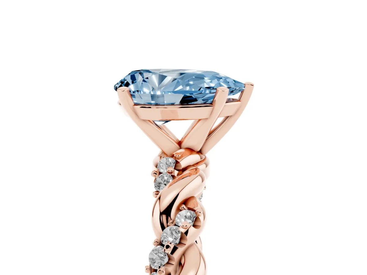 Fancy Blue Pear Cut Diamond Solitaire Ring with Twisted Band and Pavé Accents Rose gold