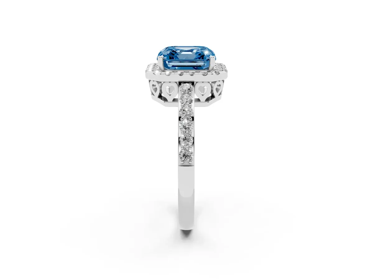 Fancy Blue Asscher Cut Halo Diamond Pavé Band Ring with Prong Setting Silver
