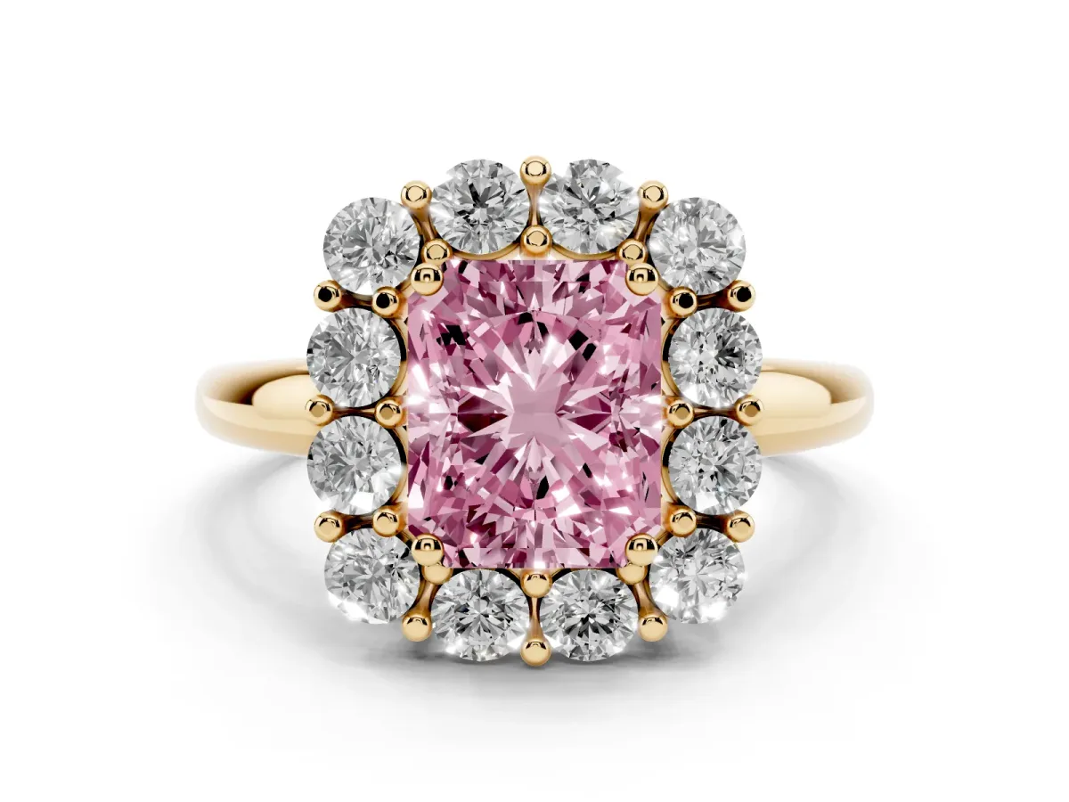 Fancy Pink Radiant Cut Halo Cluster Diamond Engagement Ring with Prong Setting and Polished Band Yellow gold