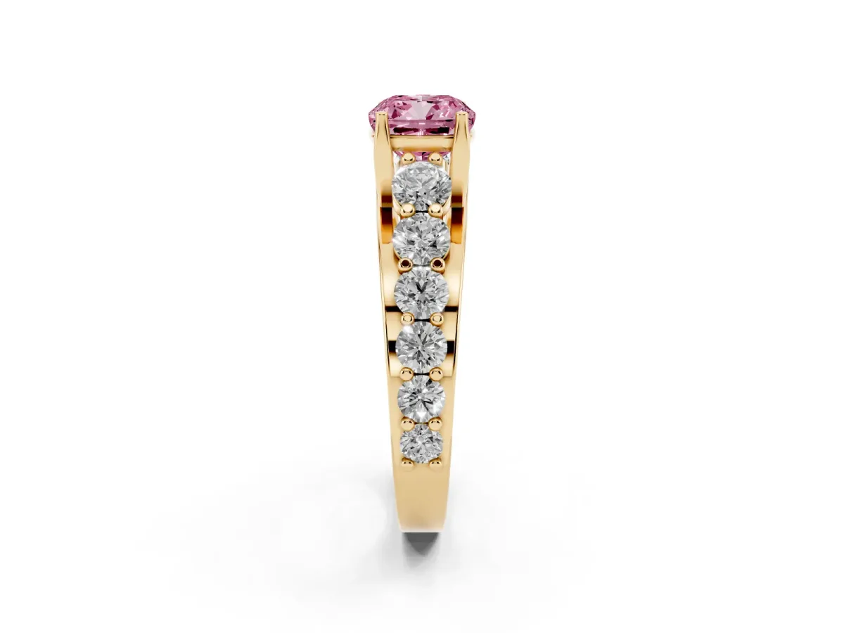 Fancy Pink Cushion Cut Diamond Engagement Ring with Pavé Band and Four-Prong Setting Yellow gold