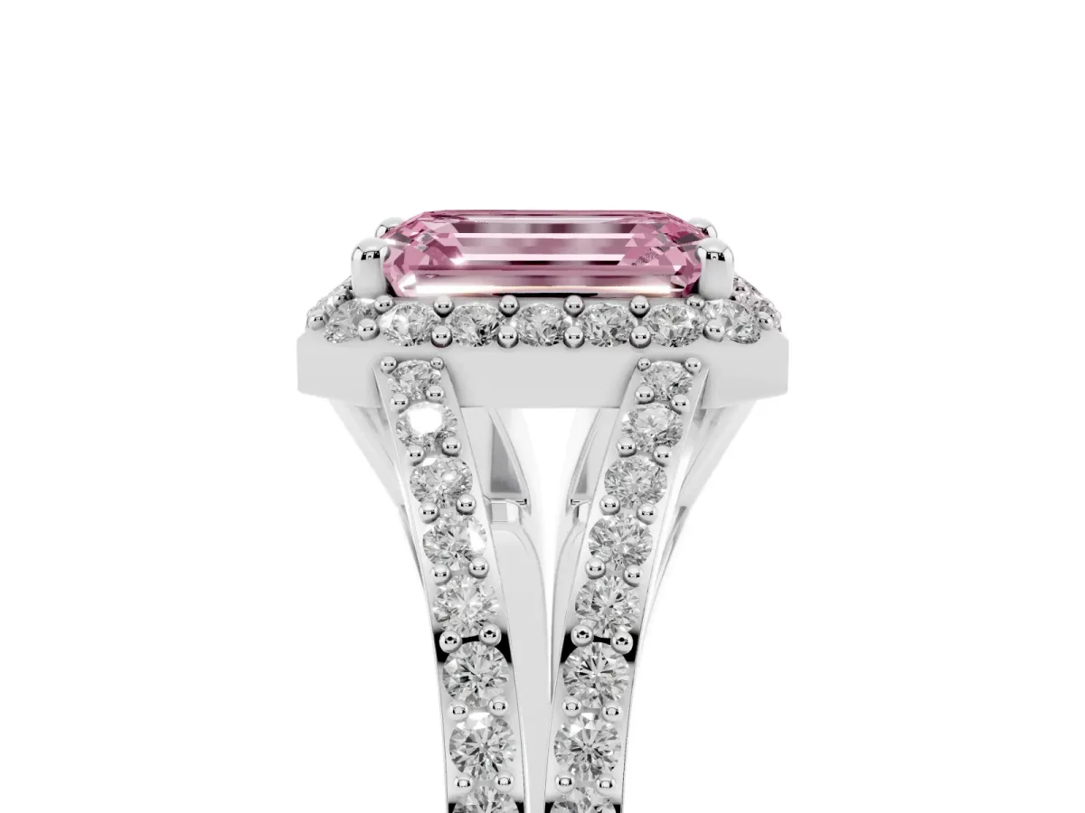 Fancy Pink Emerald Cut Halo Split Shank Diamond Ring with Prong Setting Platinum