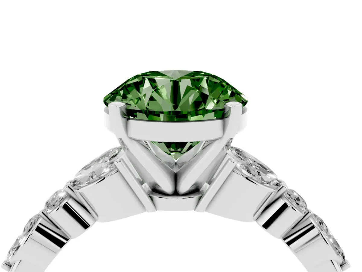 Fancy Green Round Cut Diamond Solitaire Ring with Side Stones and Four-Prong Setting Silver