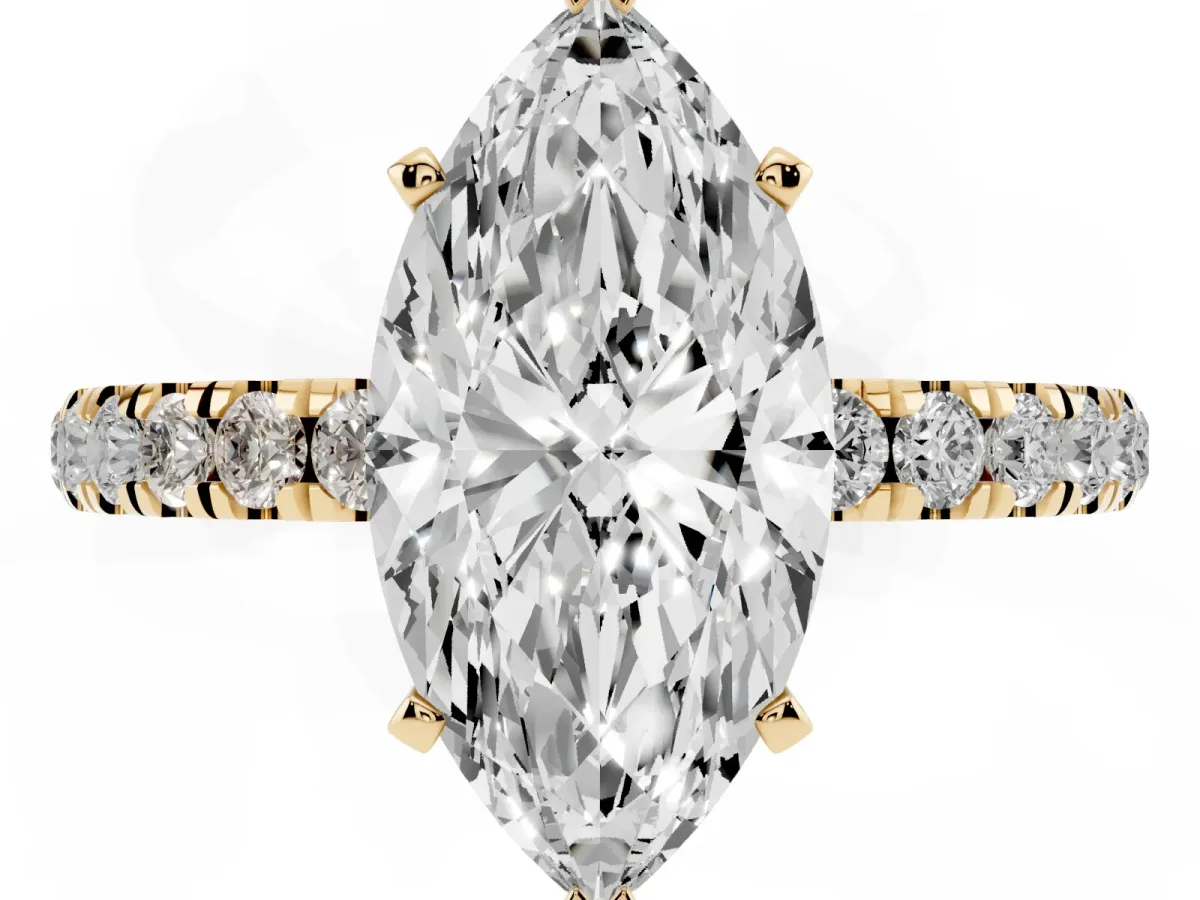 Marquise Cut Diamond Solitaire Ring with Pavé Accents and Four-Prong Setting Yellow gold