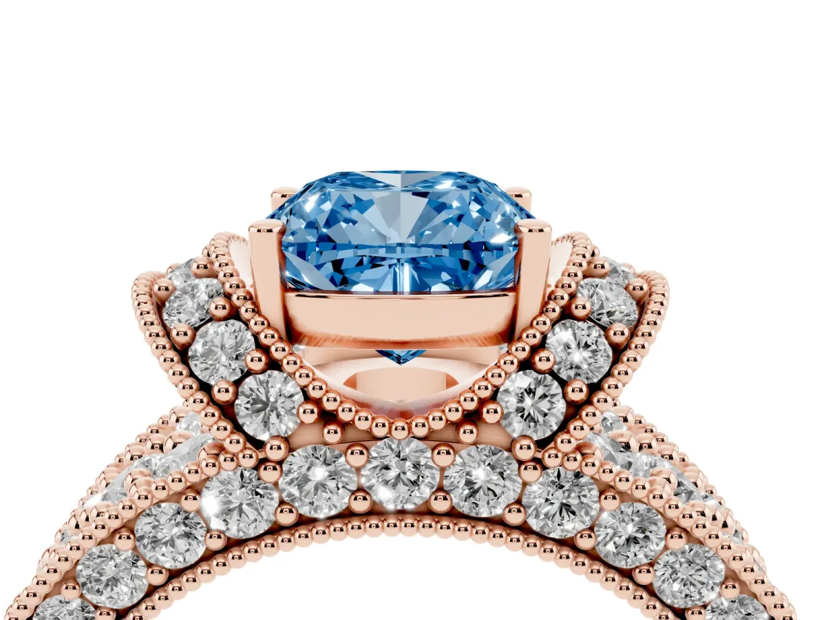 Fancy Blue Cushion Cut Halo Pave Diamond Engagement Ring with Milgrain Detailing Rose gold