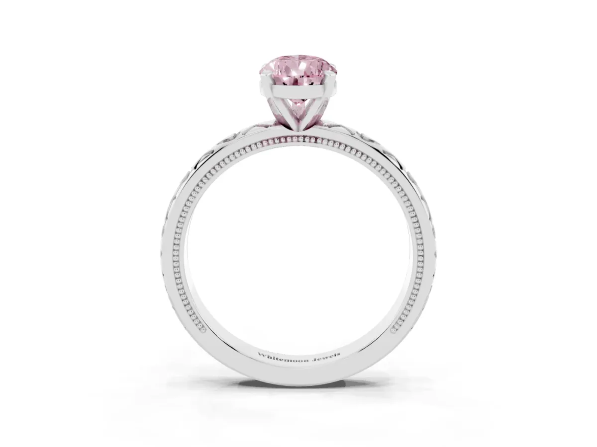 Fancy Pink Pear Cut Solitaire Diamond Engagement Ring with XO Engraved Band and Four-Prong Setting White gold