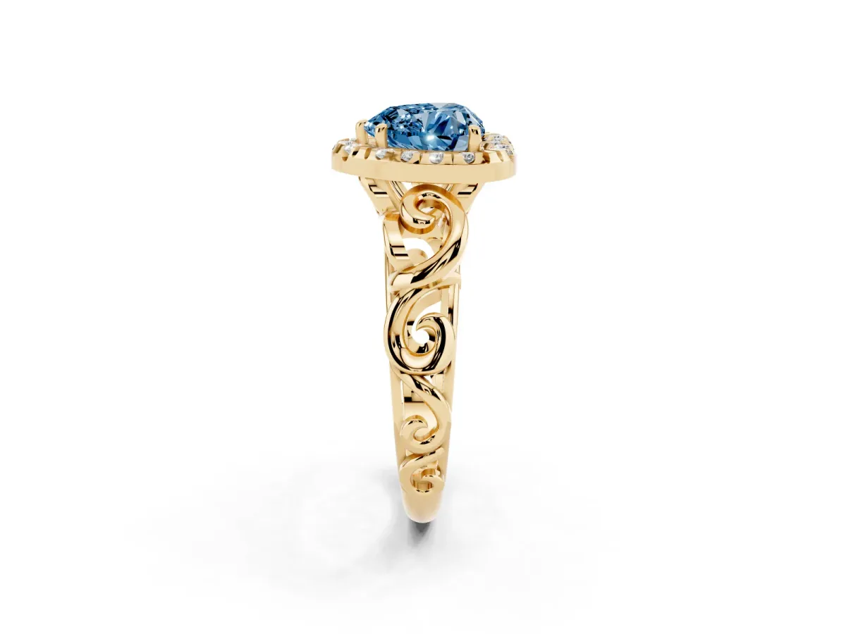 Fancy Blue Heart Cut Cut Halo Diamond Ring with Scrollwork Band and Four-Prong Setting Yellow gold
