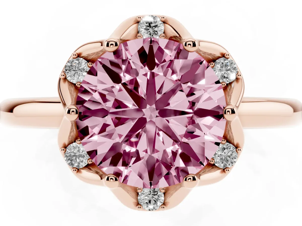 Fancy Pink Round Cut Halo Diamond Ring with Round Cluster Setting, Solitaire Band, and Four-Prong Setting Rose gold