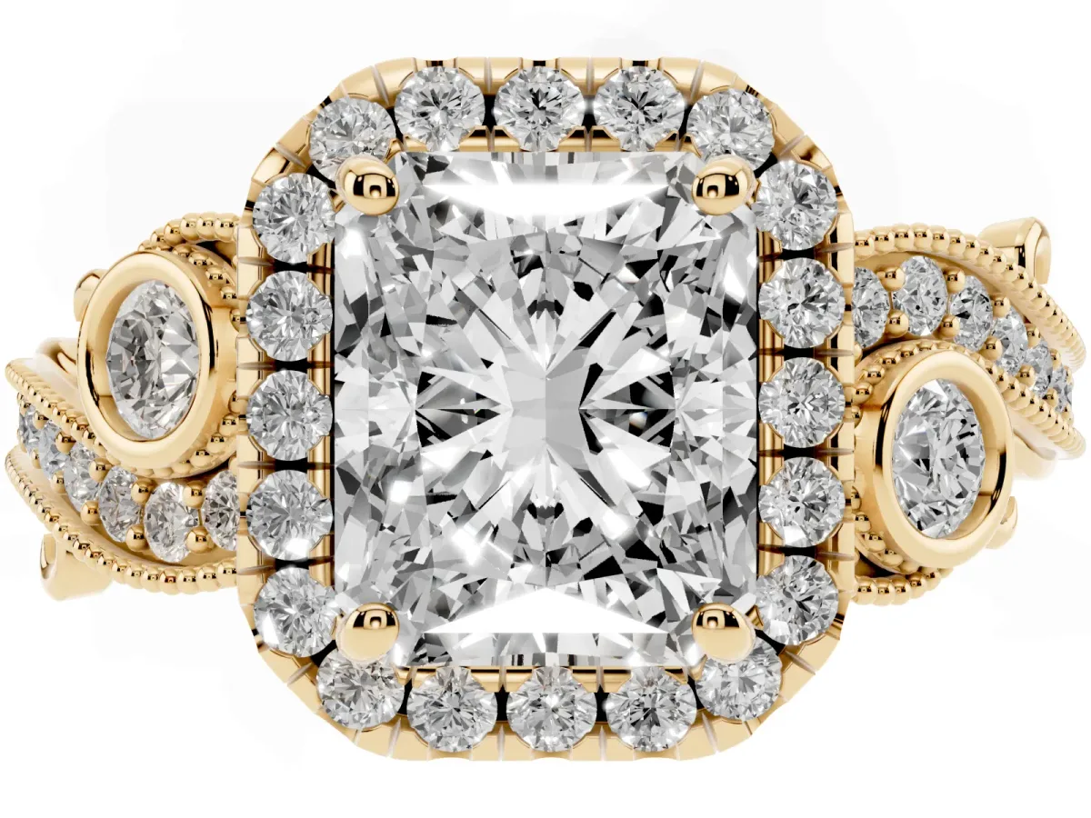 Radiant Cut Diamond Halo Ring with Milgrain Pavé Band and Four-Prong Setting Yellow gold