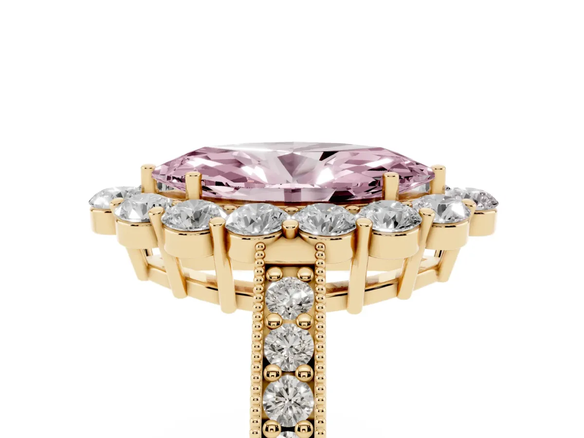 Fancy Pink Marquise Cut Cut Halo Diamond Pavé Engagement Ring with Milgrain Detailing Yellow gold