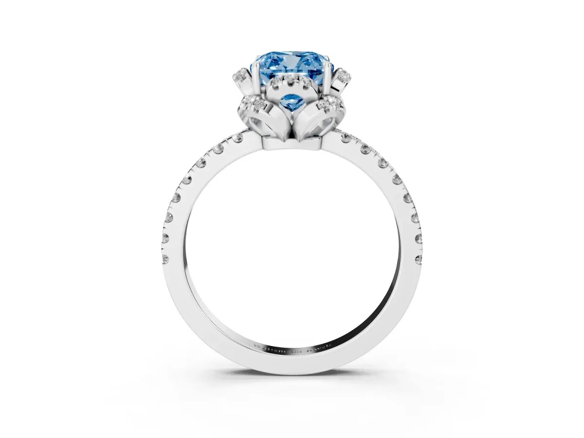 Fancy Blue Cushion Cut Diamond Halo Pave Band with Four-Prong Setting Platinum