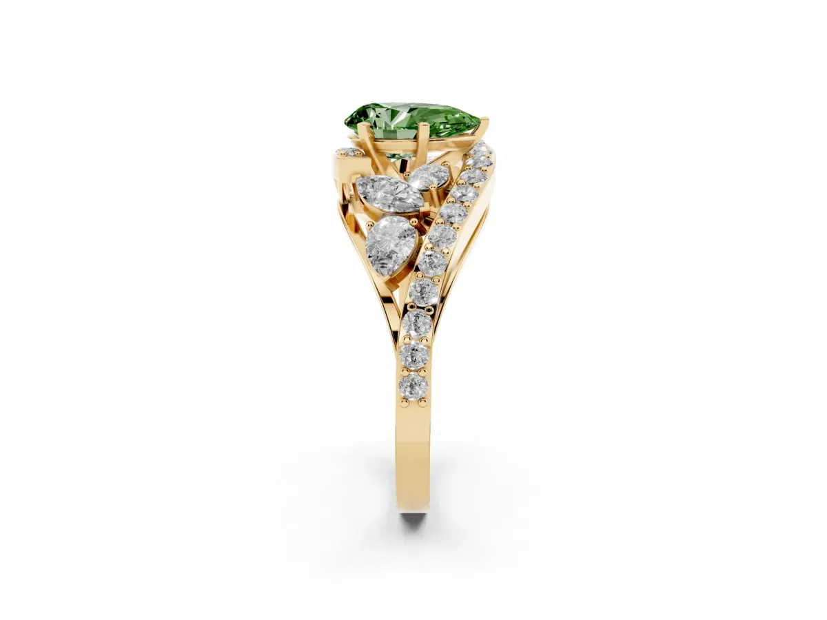 Fancy Green Pear Cut Diamond Halo Ring with Marquise and Pavé Band in Prong Setting Yellow gold