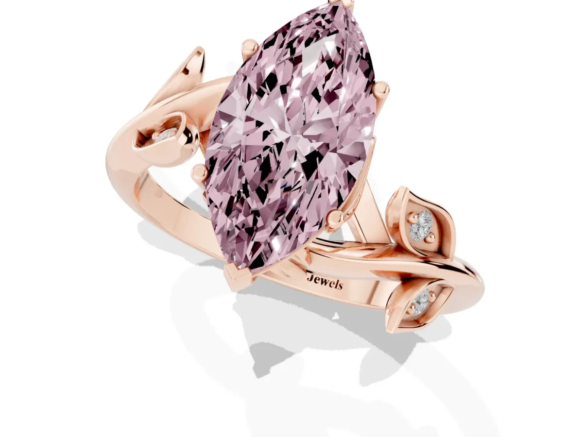 Fancy Pink Marquise Cut Solitaire Twist Engagement Ring with Leaf Accents and Prong Setting Rose gold