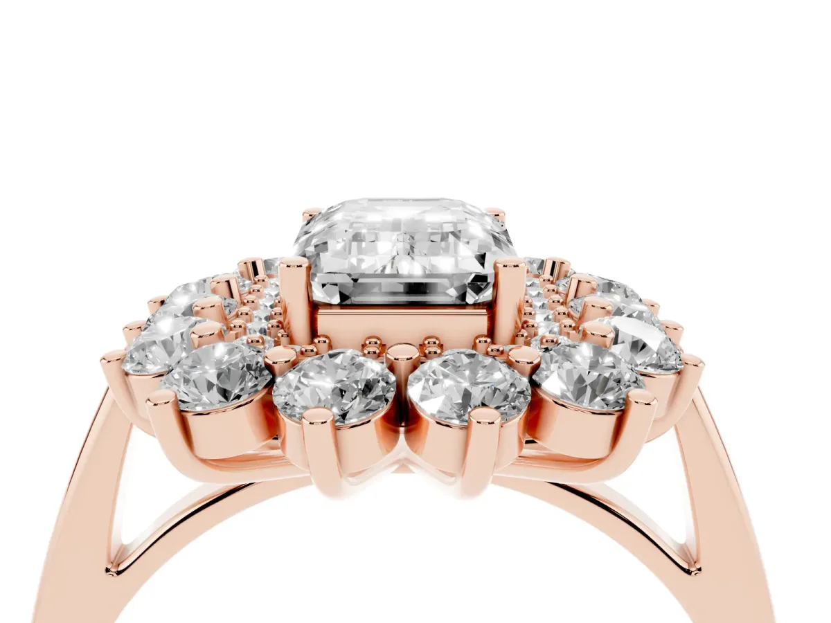 Emerald Cut Diamond Floral Double Halo Engagement Ring with Prong Setting Rose gold