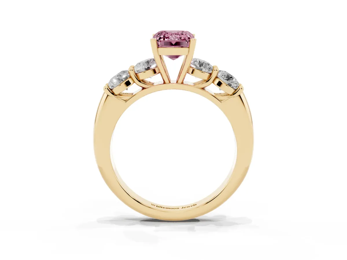Fancy Pink Emerald Cut Cut Five-Stone Prong Set Diamond Ring with Classic Band Yellow gold