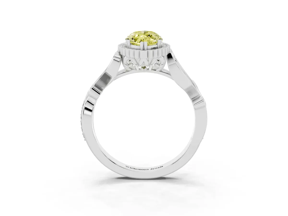 Fancy Yellow Marquise Cut Diamond Halo Ring with Vintage Split Shank and Four-Prong Setting Silver