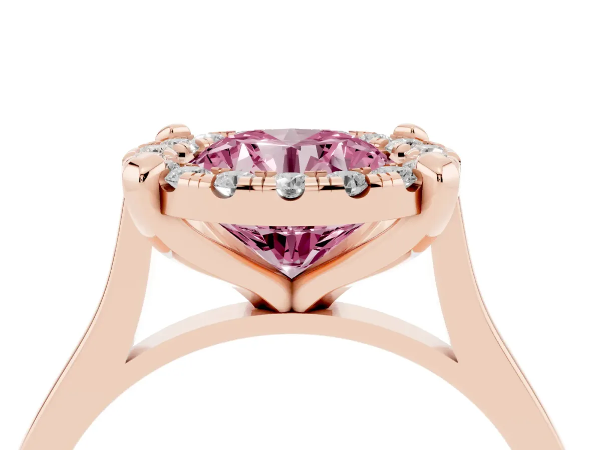 Fancy Pink Round Cut Diamond Cluster Halo Solitaire with Four-Prong Setting Rose gold