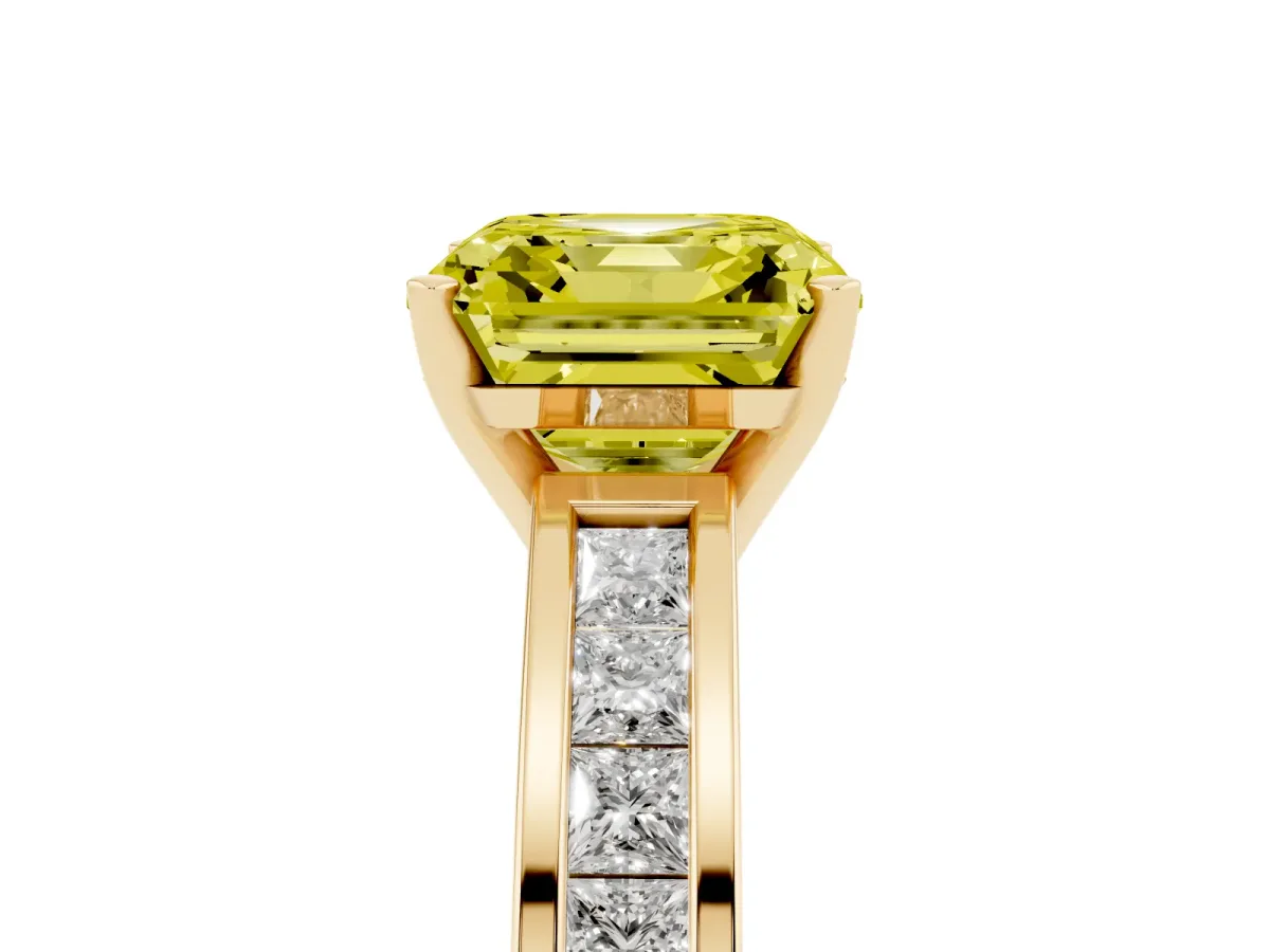 Fancy Yellow Asscher Cut Solitaire Diamond Ring with Channel-Set Band and Four-Prong Setting Yellow gold