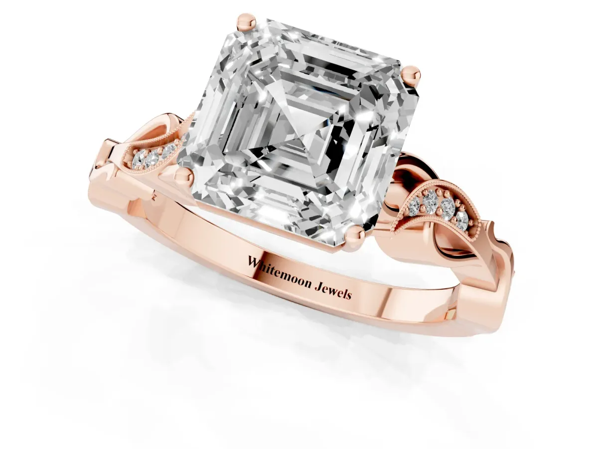Asscher Cut Solitaire Vine Band with Milgrain Prong Setting Rose gold