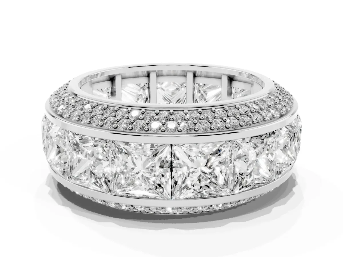 Princess Diamond Pavé Mens Wedding Band with Round Diamond Accents White gold
