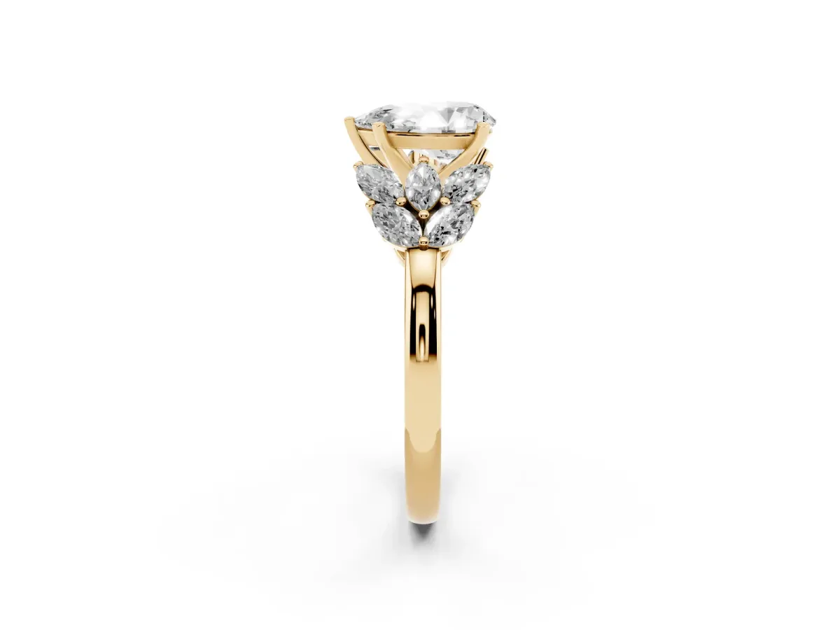 Pear Cut Diamond Cluster Leaf Design Ring with Prong Setting Yellow gold