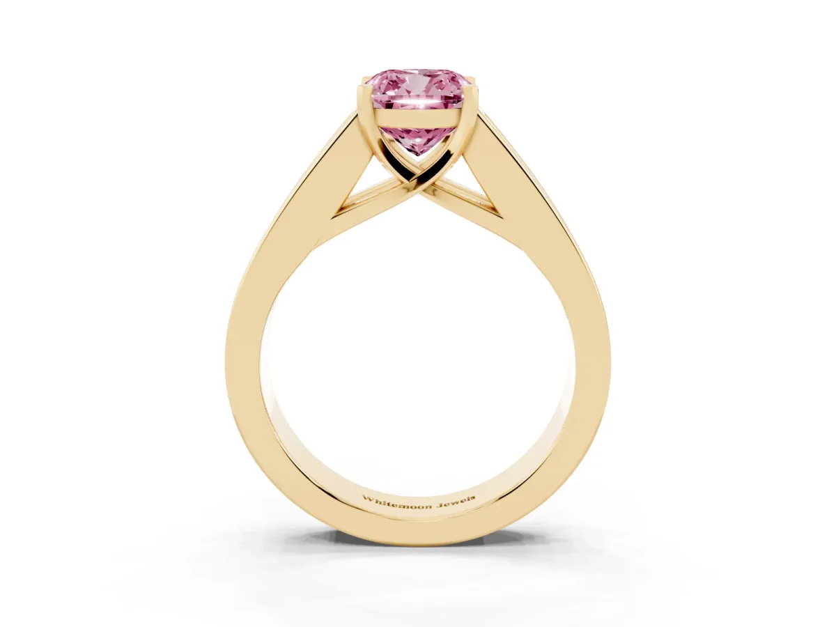 Fancy Pink Cushion Cut Cut Channel Set Solitaire Ring with Four-Prong Setting Yellow gold