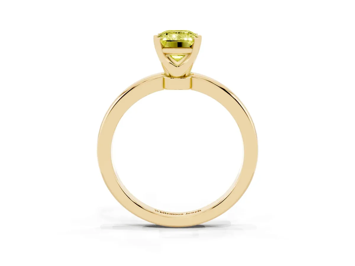 Fancy Yellow Emerald Cut Solitaire Diamond Ring with Six-Prong Setting on a Classic Band Yellow gold