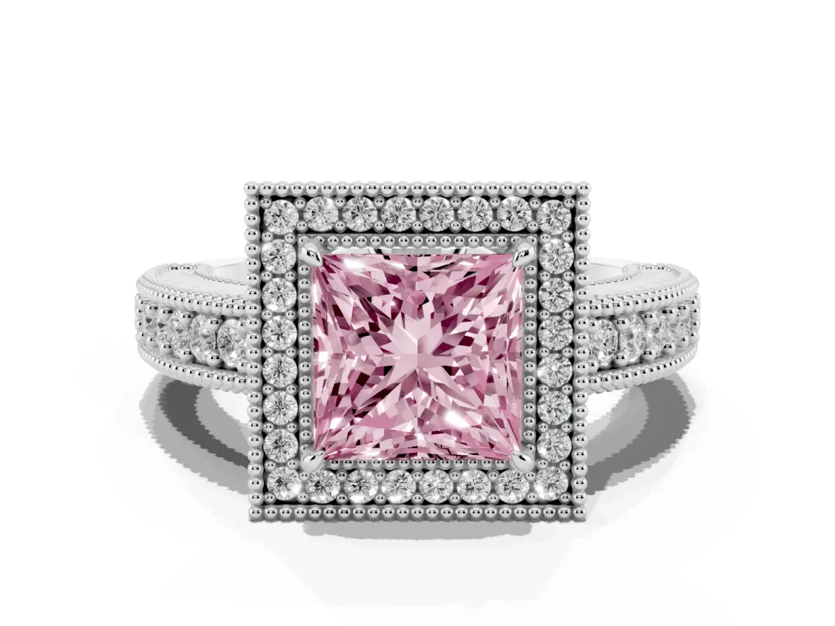 Fancy Pink Princess Cut Cut Halo Diamond Ring with Pavé Band and Four-Prong Setting White gold