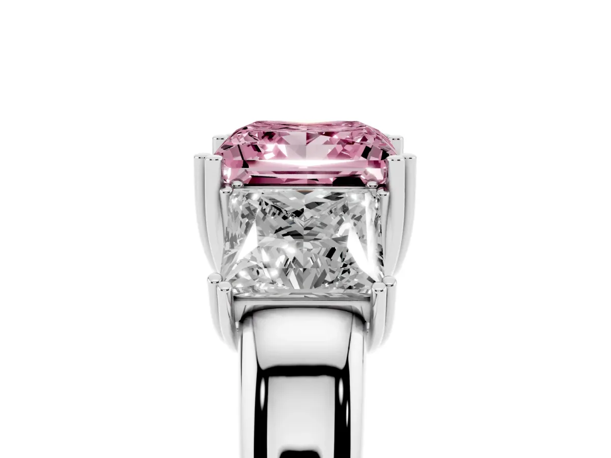 Fancy Pink Three-Stone Princess Cut Cut Diamond Ring with Channel Set Band and Four-Prong Setting Silver