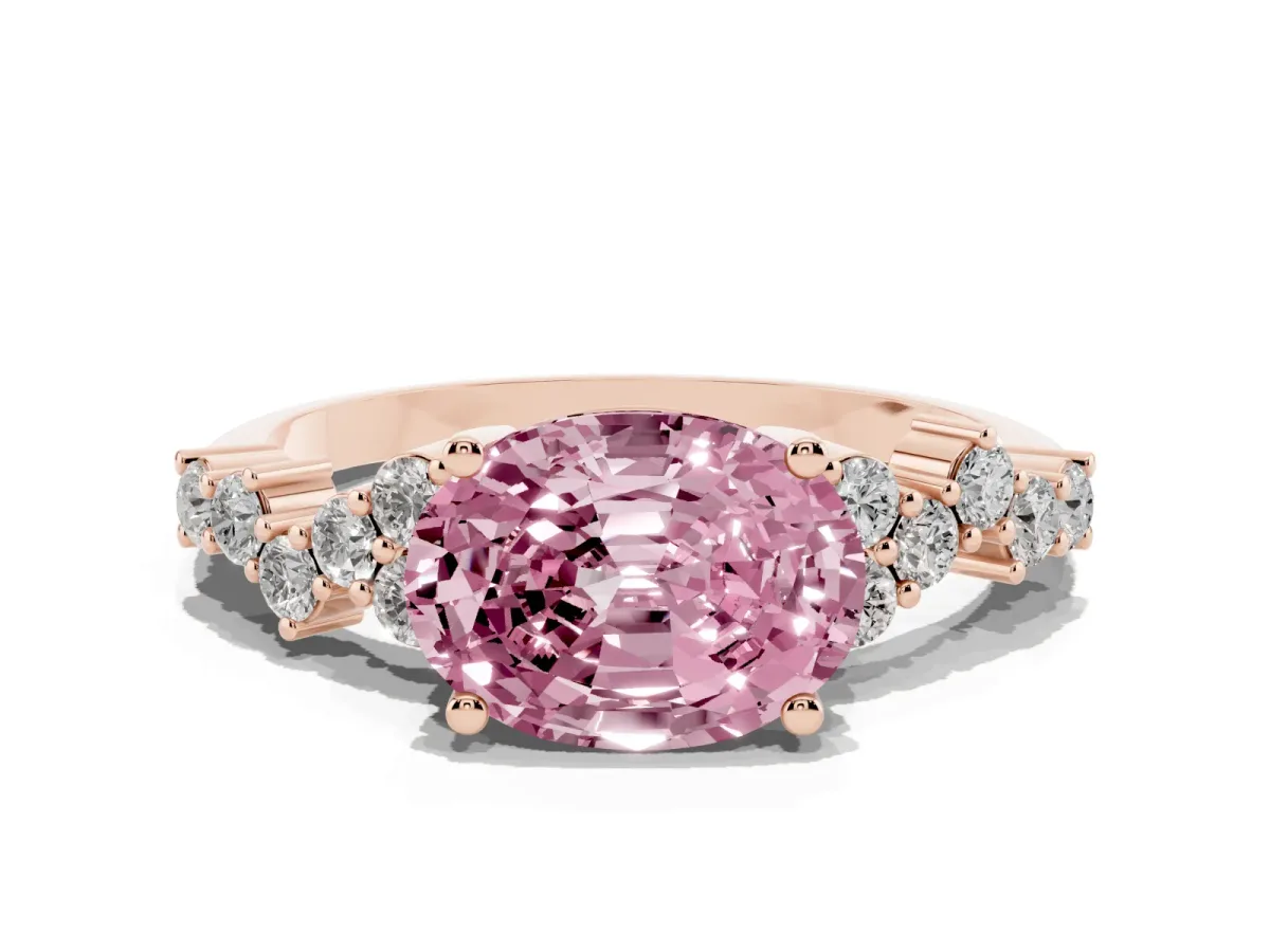 Fancy Pink Oval Cut Diamond Scattered Round Accent Ring with Prong Setting Rose gold