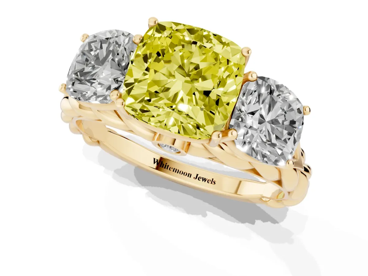 Fancy Yellow Three-Stone Cushion Cut Diamond Braided Band Ring with Four-Prong Setting Yellow gold