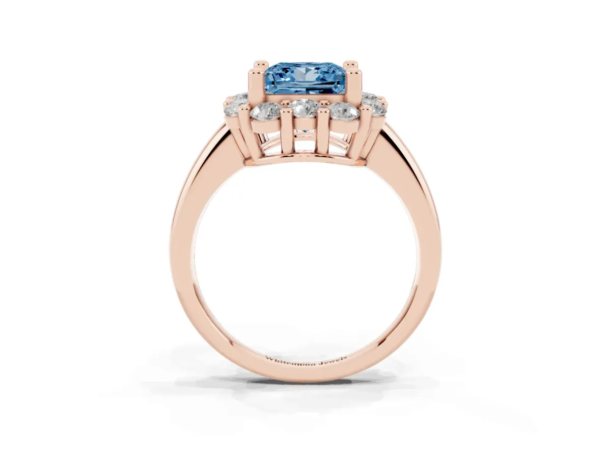Fancy Blue Princess Cut Halo Cluster Diamond Engagement Ring with Prong Setting and Polished Band Rose gold