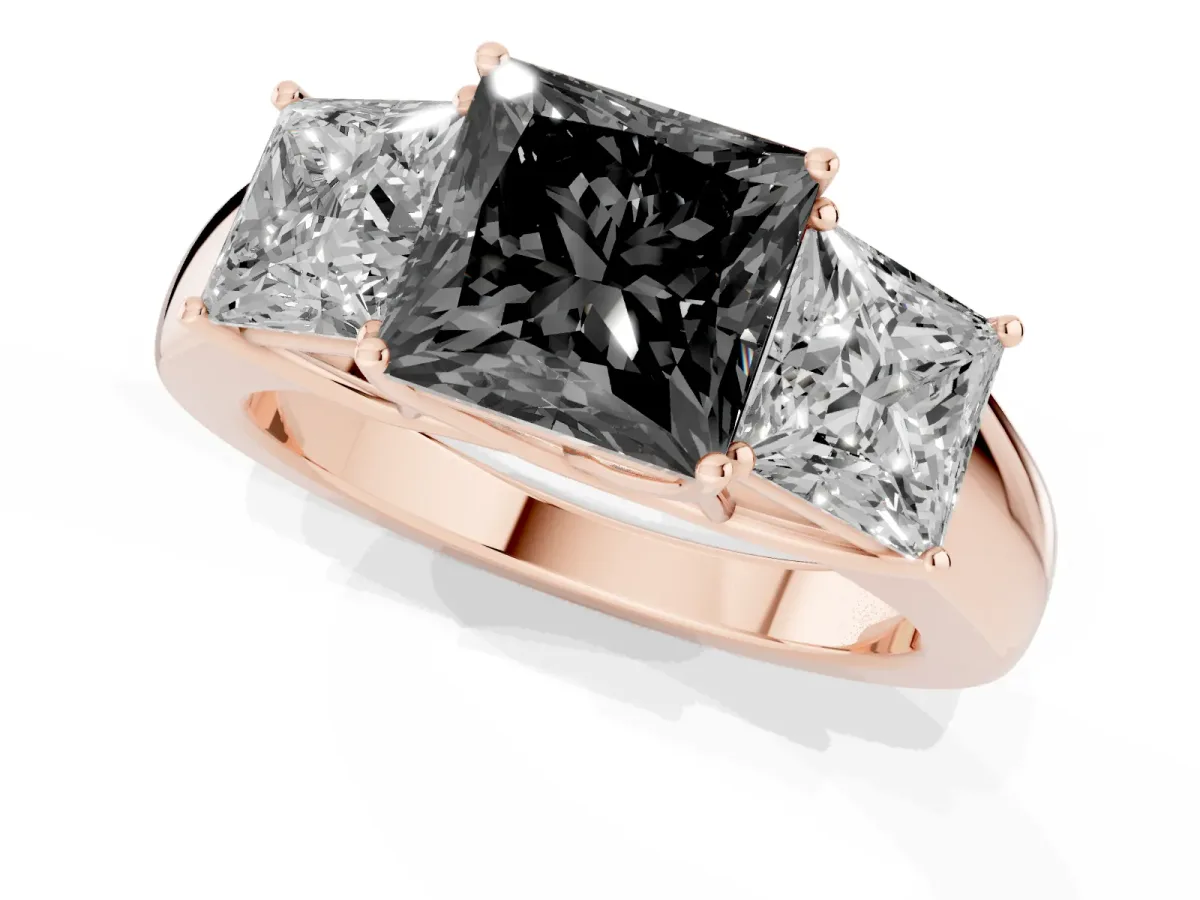 Fancy Black Three-Stone Princess Cut Cut Diamond Ring with Prong Setting and Classic Band Rose gold