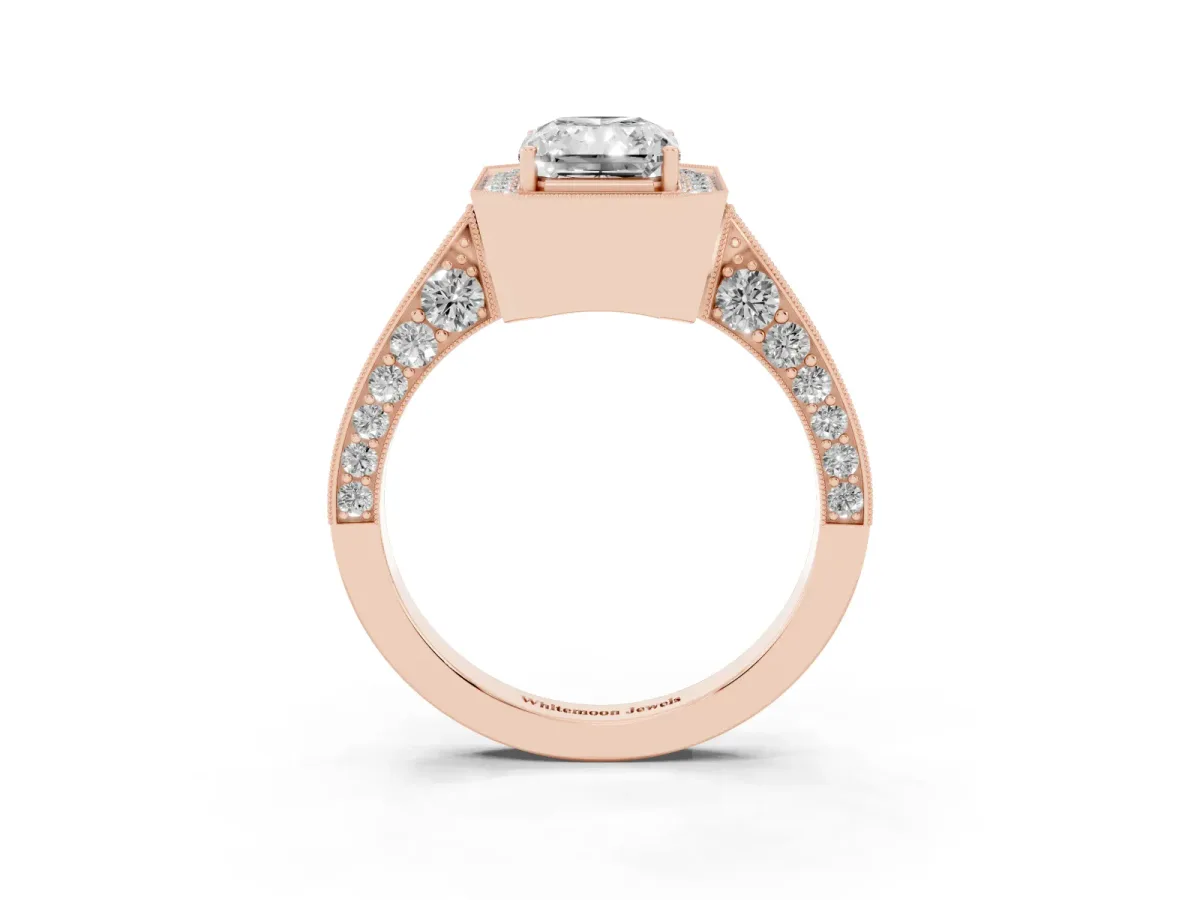 Radiant Cut Halo Diamond Engagement Ring with Split Shank Band and Four-Prong Setting Rose gold