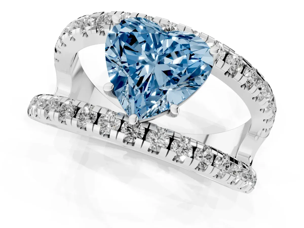 Fancy Blue Heart Cut Solitaire Split Shank Pave Diamond Ring Silver