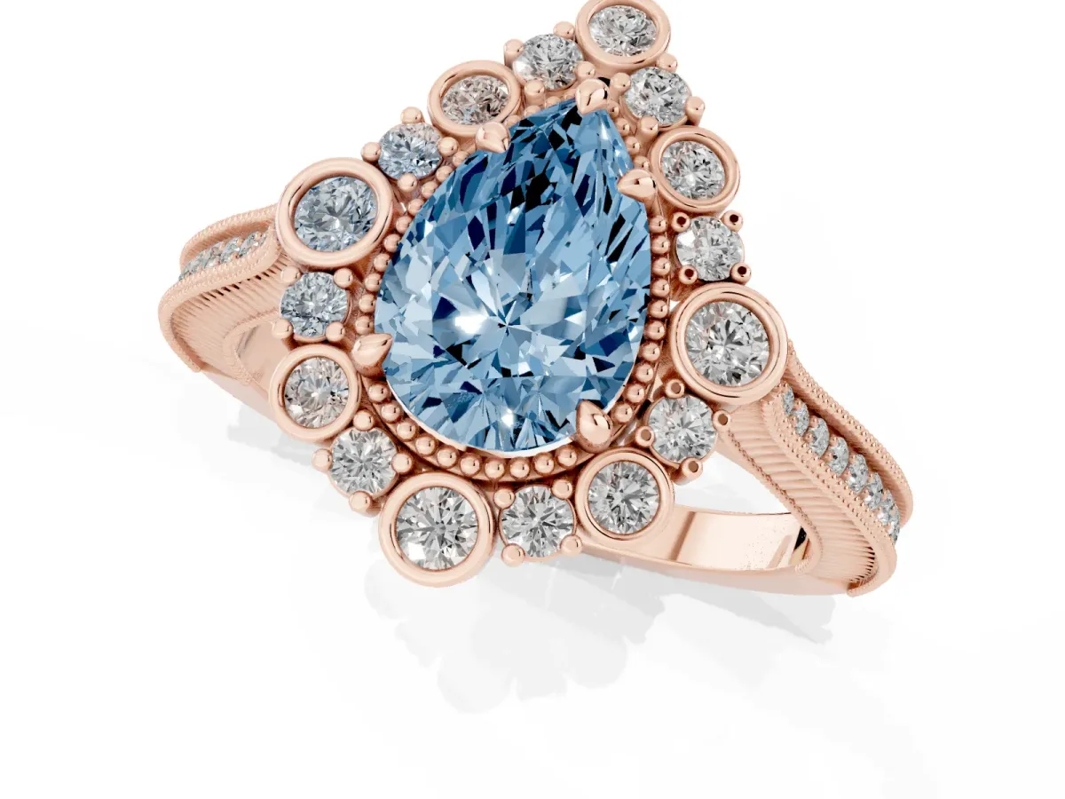 Fancy Blue Pear Cut Halo Milgrain Pave Diamond Ring with Four-Prong Setting Rose gold