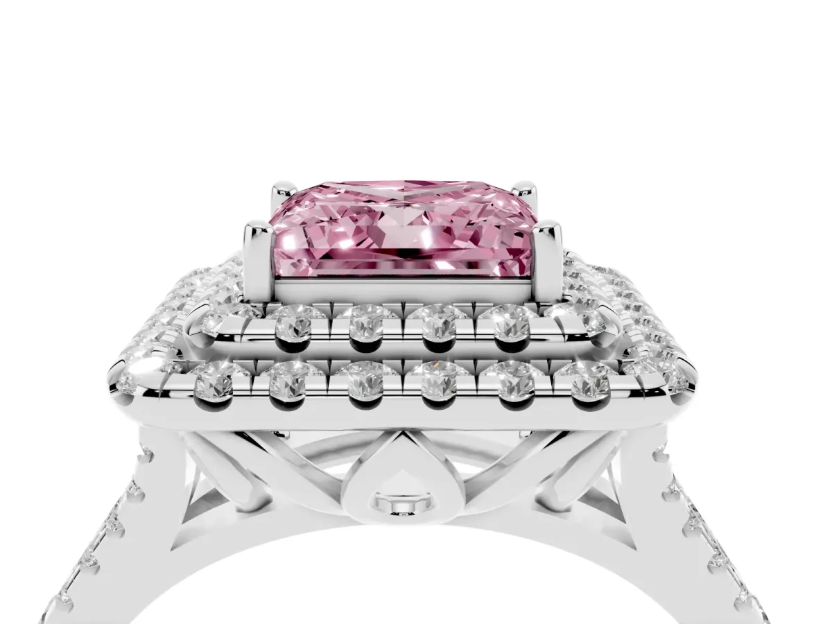 Fancy Pink Double Halo Princess Cut Diamond Pavé Split Shank Ring with Prong Setting Platinum