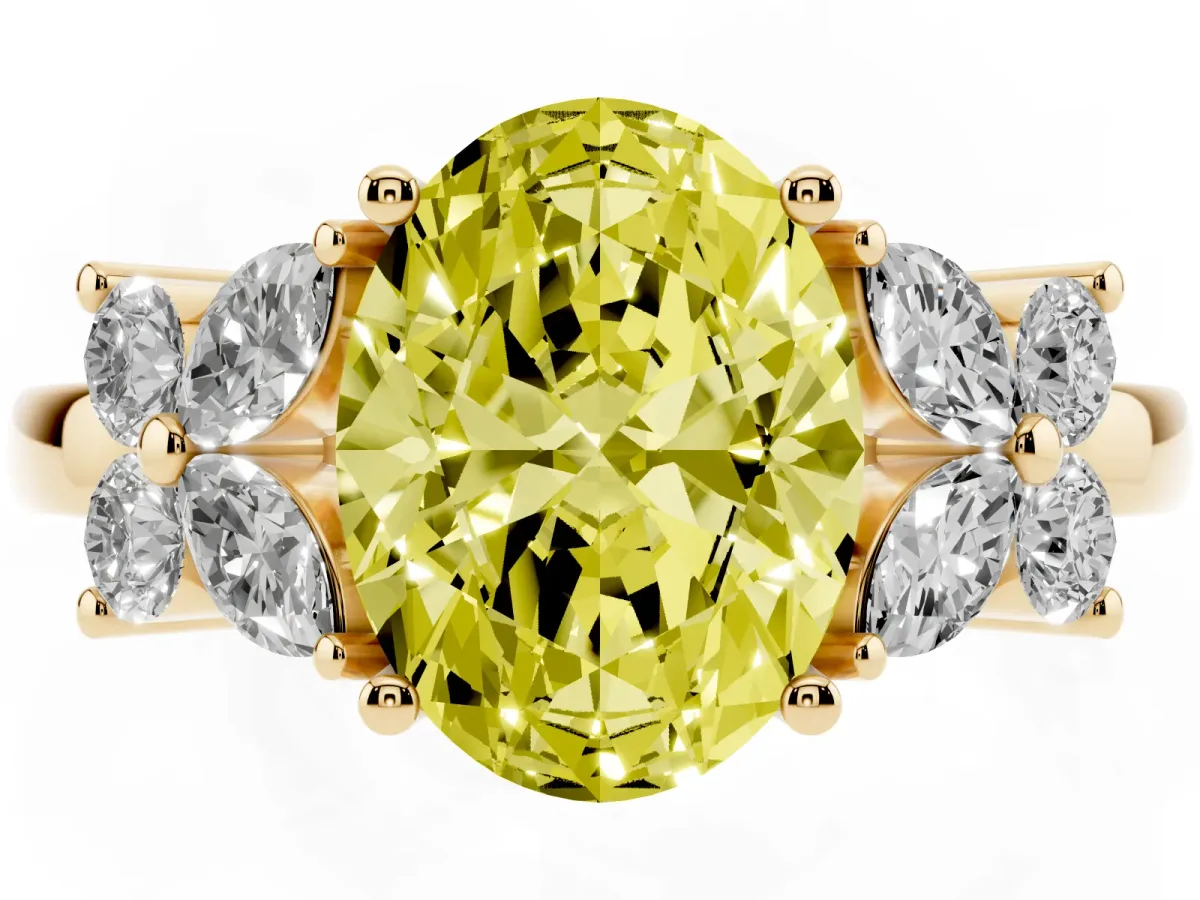 Fancy Yellow Oval Cut Diamond Floral Cluster Ring with Solitaire Band and Prong Setting Yellow gold