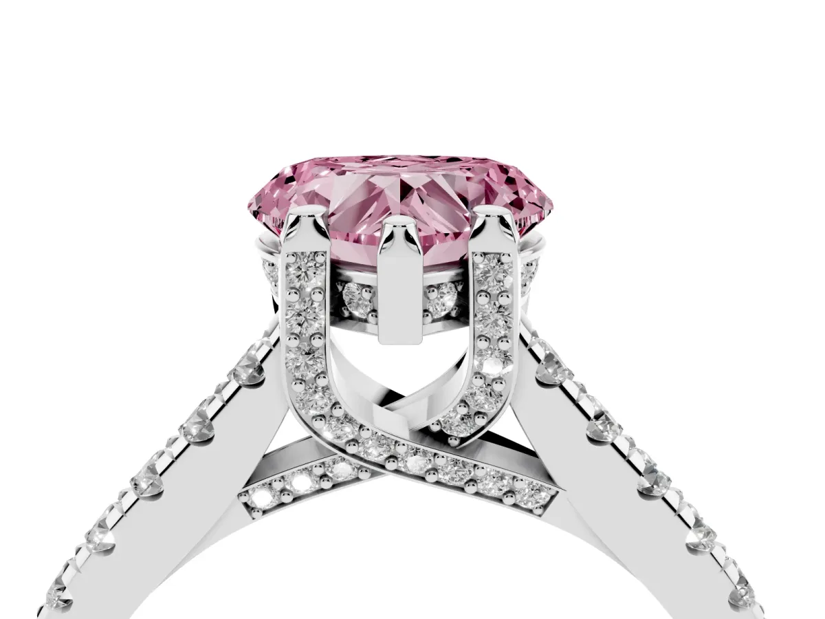 Fancy Pink Heart Cut Brilliant Diamond Solitaire with Pavé Band and Four-Prong Setting Platinum
