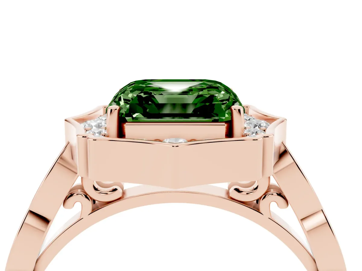 Fancy Green Asscher Cut Halo Diamond Engagement Ring with Milgrain Band and Four-Prong Setting Rose gold