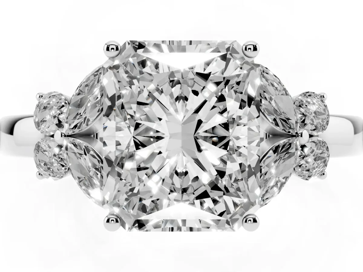 Radiant Cut Cut Solitaire Floral Diamond Ring with Four-Prong Setting Silver