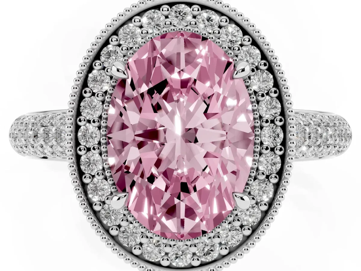 Fancy Pink Oval Cut Cut Halo Diamond Pave Band with Four-Prong Setting Silver