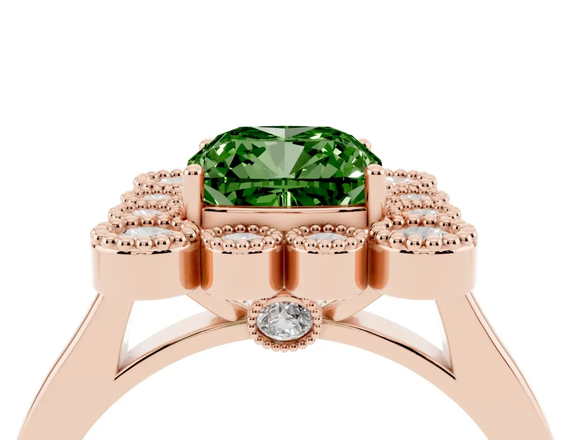 Fancy Green Cushion Cut Halo Diamond Cluster Engagement Ring with Milgrain Bezel Setting and Solitaire Band Rose gold