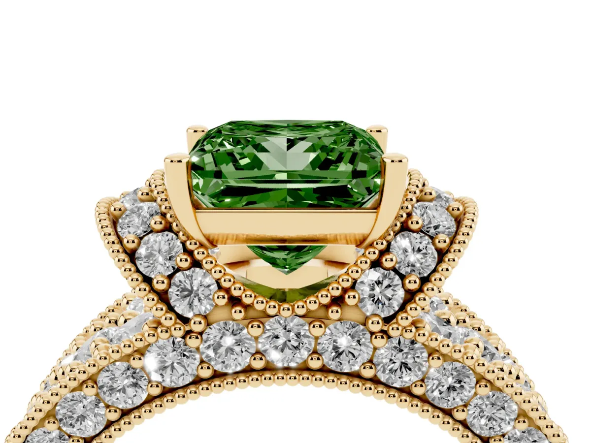 Fancy Green Princess Cut Halo Pave Diamond Engagement Ring with Milgrain Detailing Yellow gold