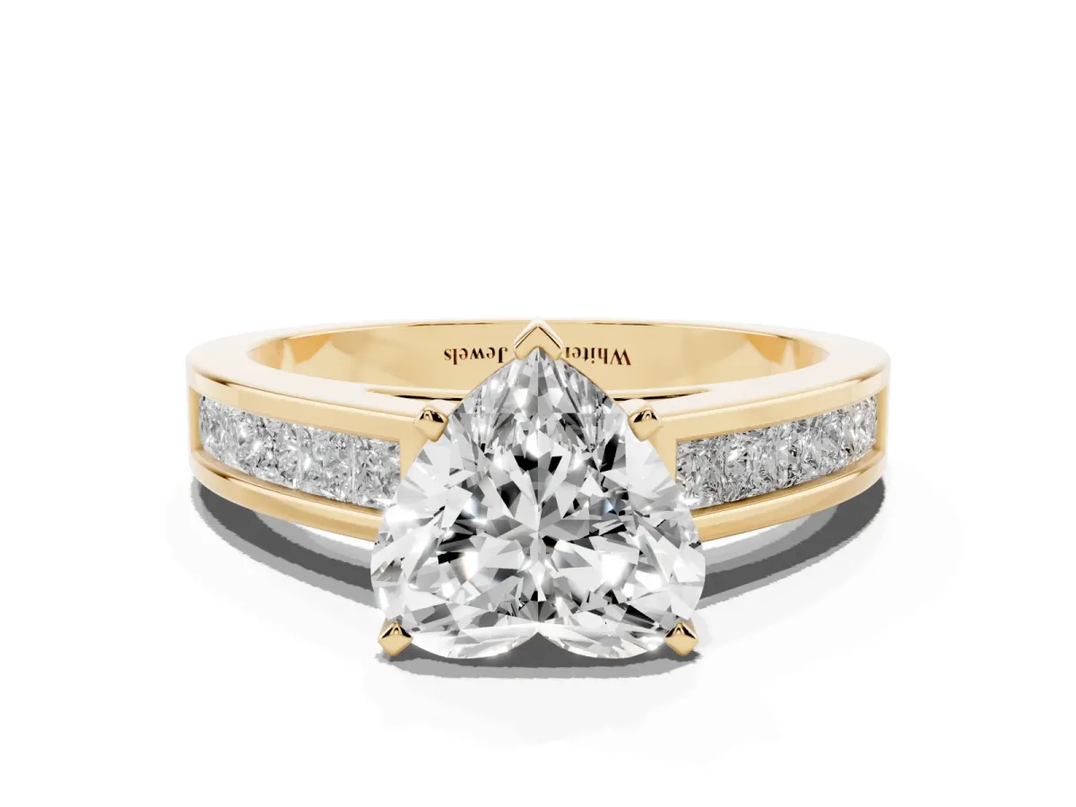 Heart Cut Solitaire Diamond Ring with Channel-Set Band and Four-Prong Setting Yellow gold